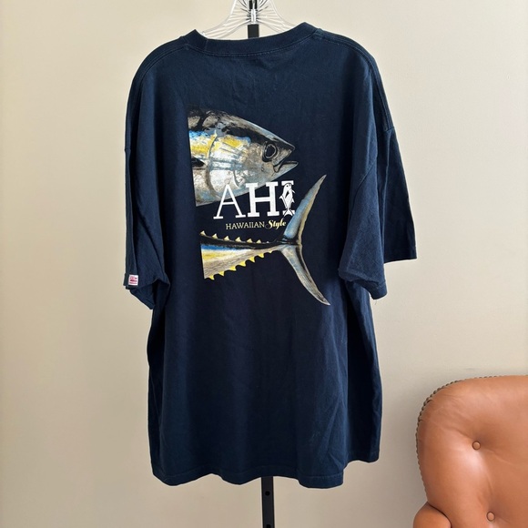 AHI Hawaiian Style Blue Short Sleeve Tee with Crew Neck - Picture 2 of 7